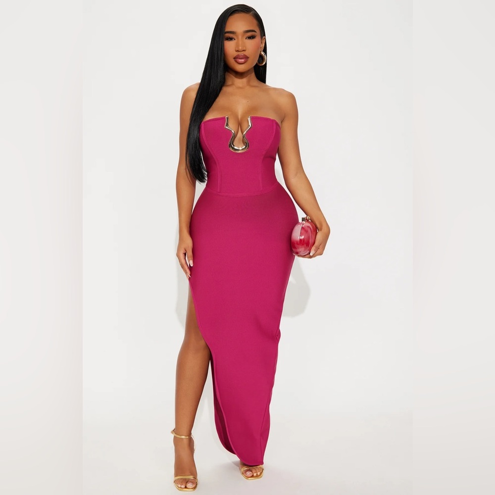 FASHIONNOVA Dark Pink Strapless Bandage Maxi Fitted Scalloped Side Slit Dress